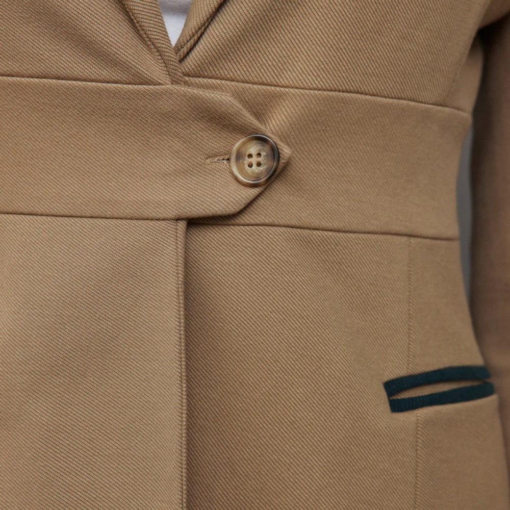 Carbon 38 Slim Tan One Button Blazer with Green Accent Collar and pocket trim - Picture 7 of 13